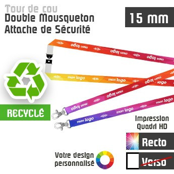 Tour de Cou Recyclé Double Mousqueton J+10 Attache de Sécurité
