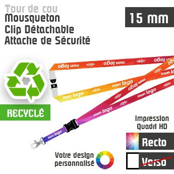 Tour de Cou Recyclé Mousqueton J+30 Clip et Attache