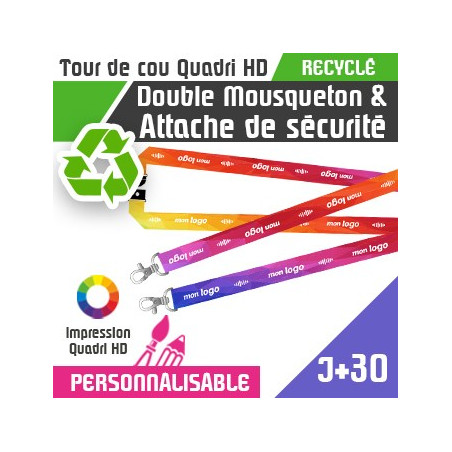 Tour de Cou Recyclé Double Mousqueton J+30 Attache de Sécurité