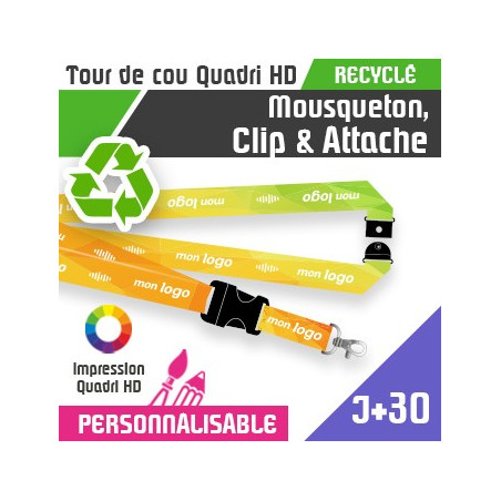 Tour de Cou Recyclé Mousqueton J+30 Clip et Attache