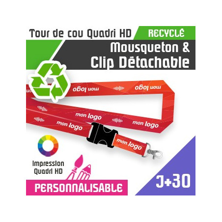 Tour de Cou Recyclé Mousqueton J+30 Clip Détachable