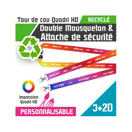 Tour de Cou Recyclé Double Mousqueton J+20 Attache de Sécurité