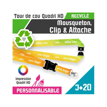 Tour de Cou Recyclé Mousqueton J+20 Clip et Attache
