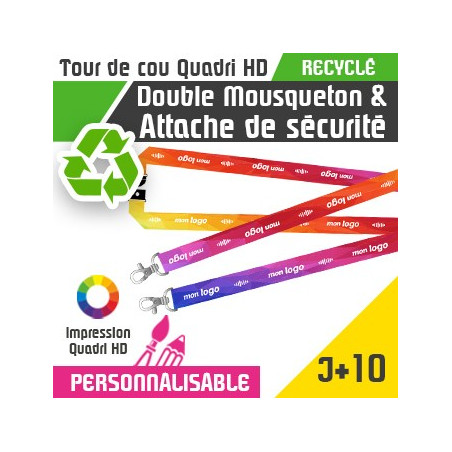 Tour de Cou Recyclé Double Mousqueton J+10 Attache de Sécurité
