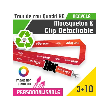 Tour de Cou Recyclé Mousqueton J+10 Clip Détachable