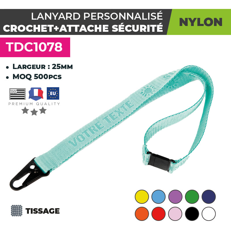 Tour de cou personnalisé en nylon avec crochet et attache de sécurité