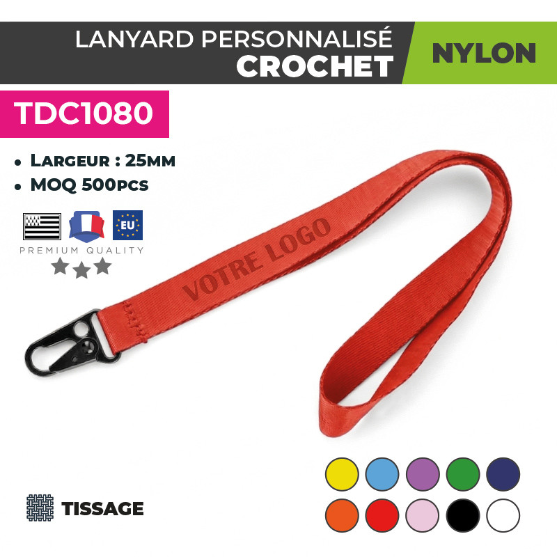 Tour de cou personnalisé en nylon avec crochet noir en plastique